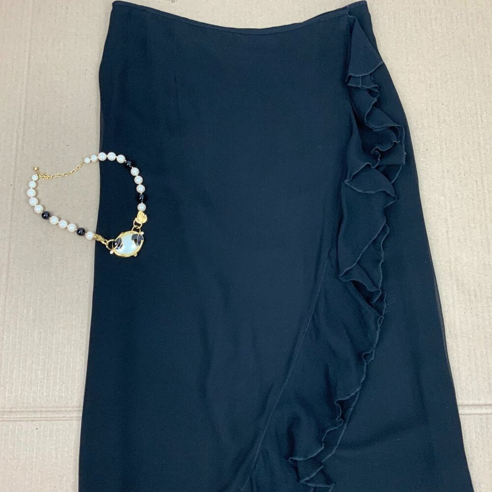 Vintage A.B.S. by Allen Schwartz Black Maxi Wrap Skirt Cascading Ruffles Sz 12 - Picture 13 of 16